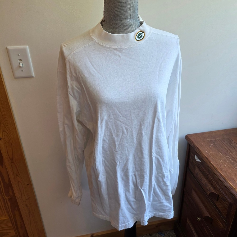 Vintage NFL Green Bay Packers Mock‎ Neck Long Sleeve Shirt White Cotton 2002 L